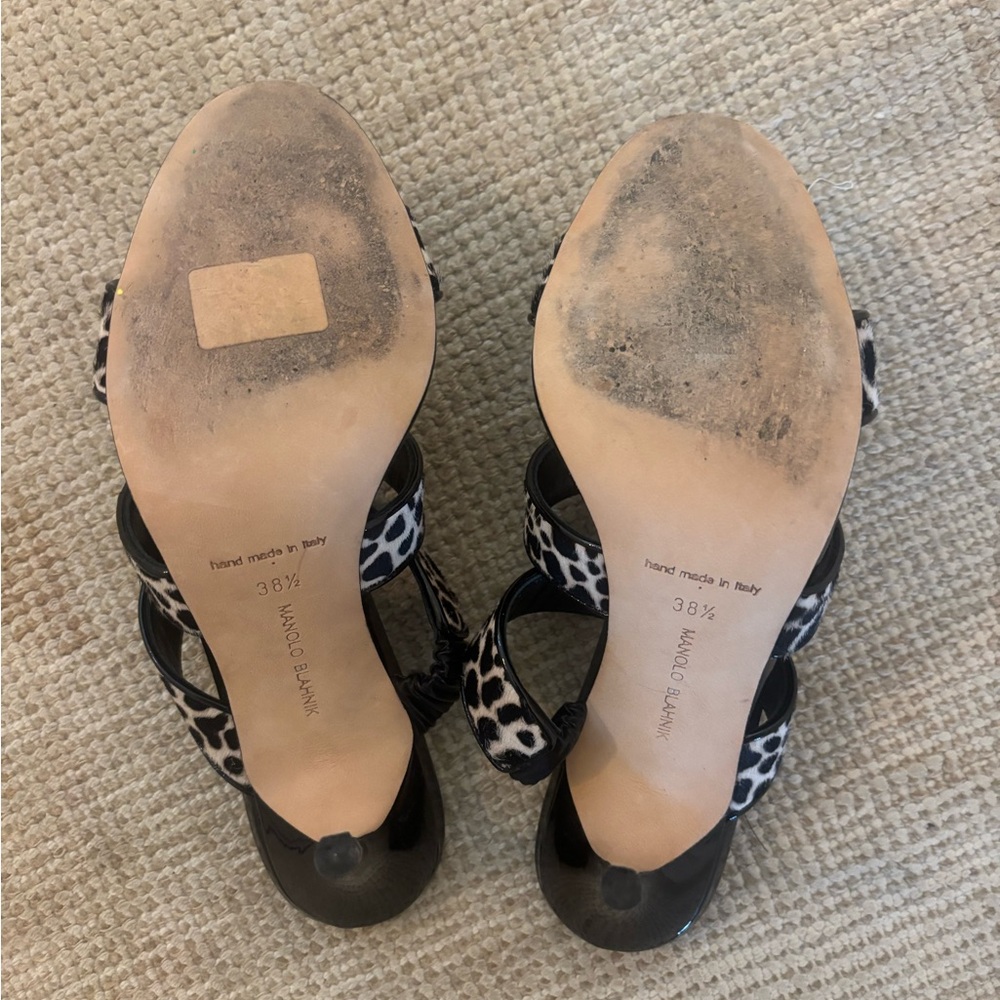 Manolo Blahnik Black Calf Hair Sandals with Black & White Leopard Straps - Picture 4 of 6